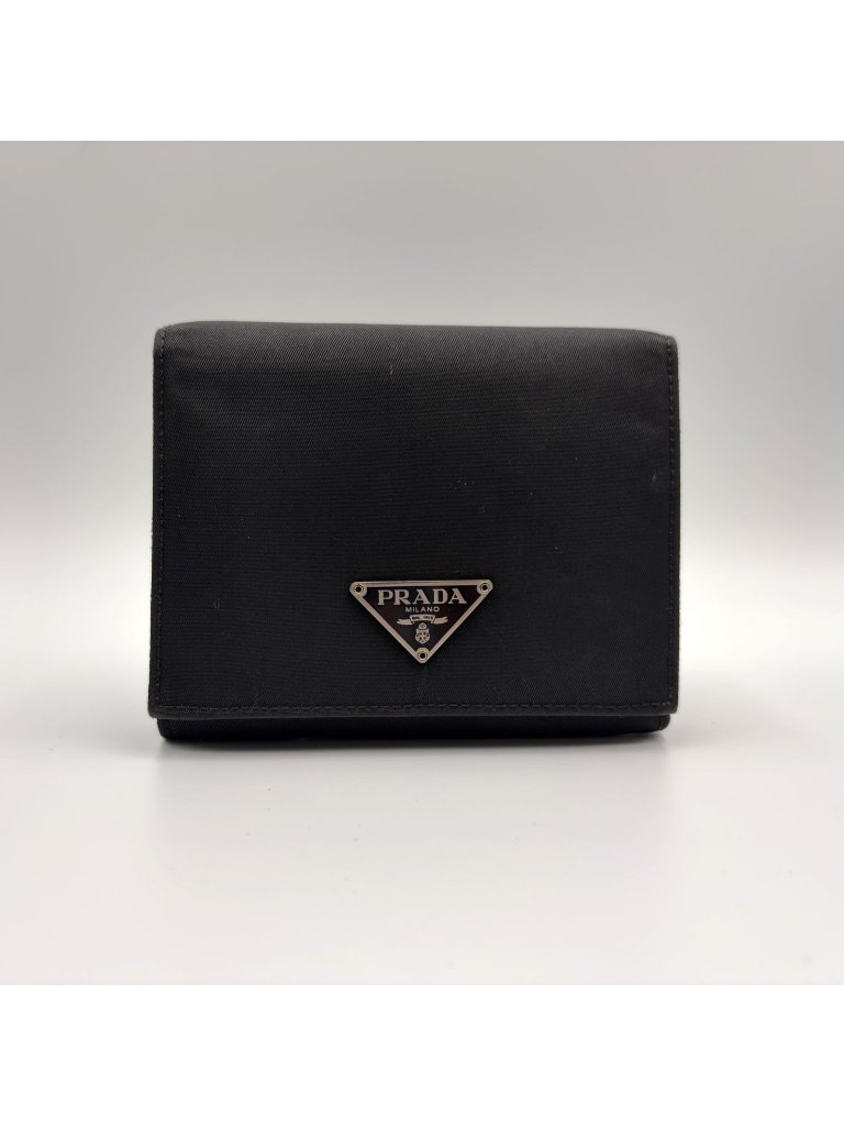 Prada Nylon Black Trifold Wallet Silver